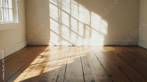 Sunlight streams through window onto empty room s hardwood floor.
