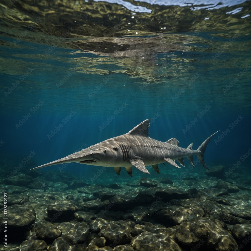 Fototapeta premium A freshwater sawfish moving gracefully in a river.