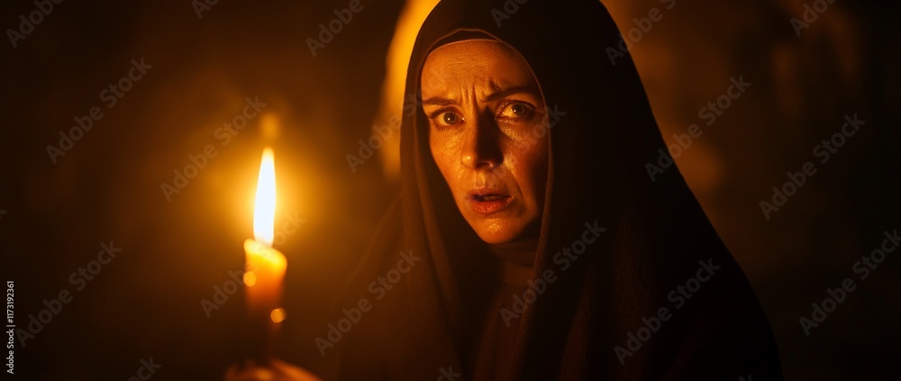 A woman in a dark hooded cloak, holding a lit candle, looks startled and worried in a dimly lit room. A woman in a dark hooded cloak, holding a lit candle, looks startled and worried in a dimly lit room.