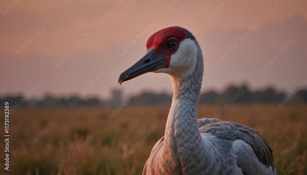 Fototapeta premium Cranes migrating at dusk in marshland, nature's beauty