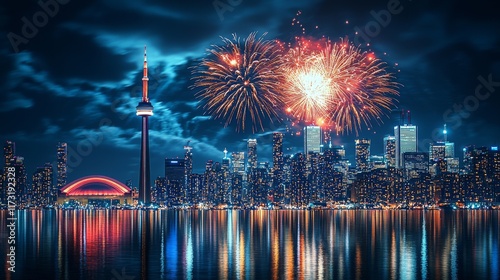 A lively night scene featuring vibrant fireworks over a city skyline reflecting in water, capturing the essence of celebration, energy, and urban life in an artistic display. photo