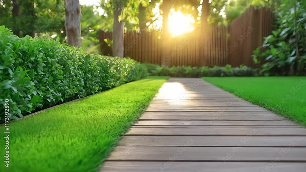 A lush garden with a wooden path and vibrant greenery is illuminated by soft sunlight in the morning A lush garden with a wooden path and vibrant greenery is illuminated by soft sunlight in the morning