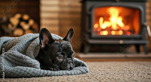 Little black bulldog resting on a rug .Blurred warm living room background photo