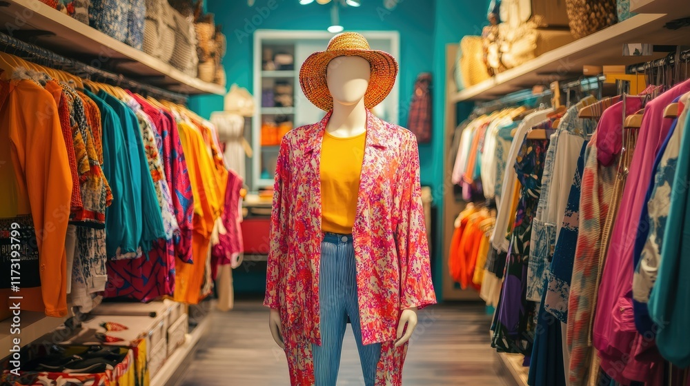 Fototapeta premium Vibrant 1970s-inspired outfits on mannequins surrounded by racks of colorful retro clothing in a chic store