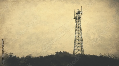 Vintage radio tower broadcasting signal, representing communication