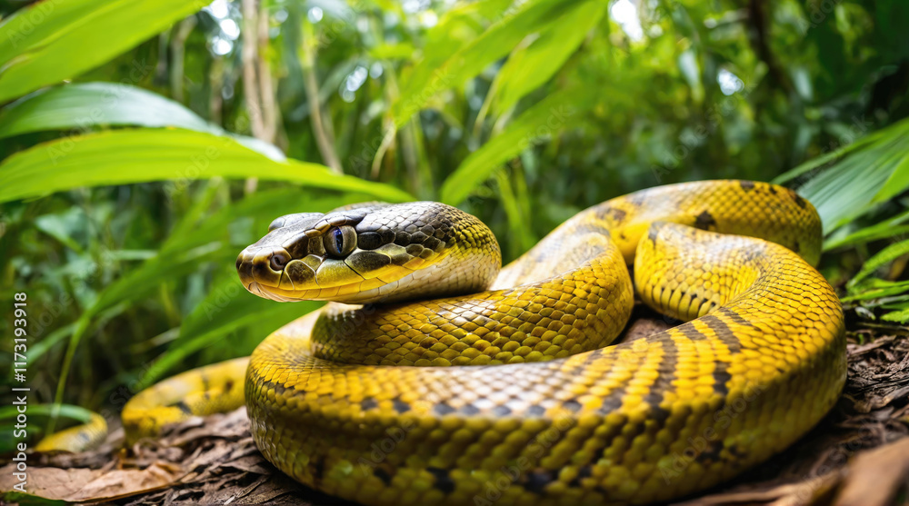 Fototapeta premium Colorful snake resting on the forest floor surrounded by lush green vegetation in tropical habitat