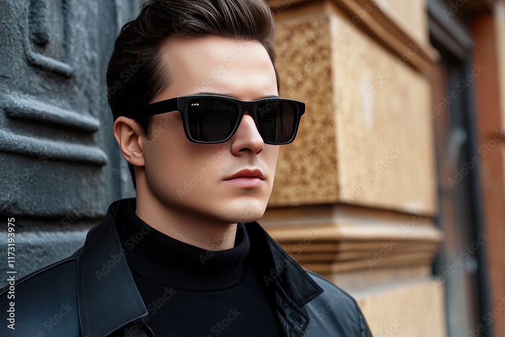 Stylish Man in Sunglasses and Leather Jacket in Urban Setting