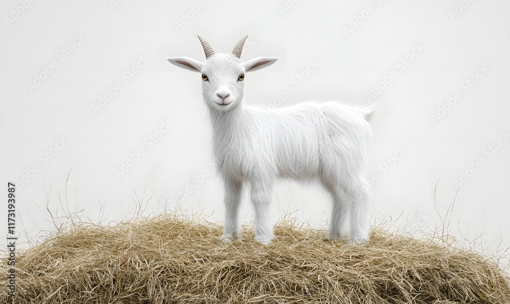 Fototapeta premium White goat kid stands on hay.