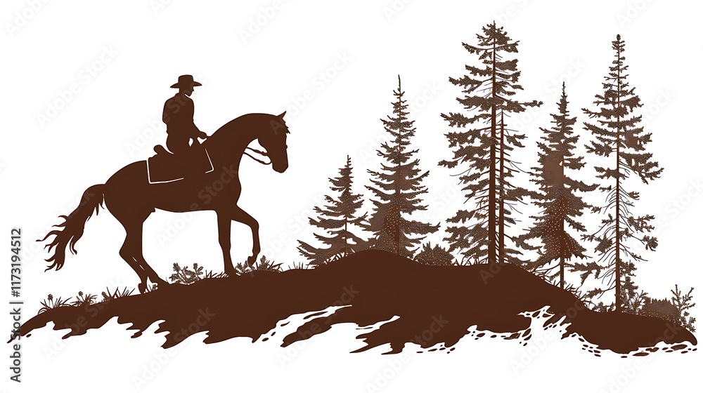Silhouette of a horseback rider on a mountain trail on a white background