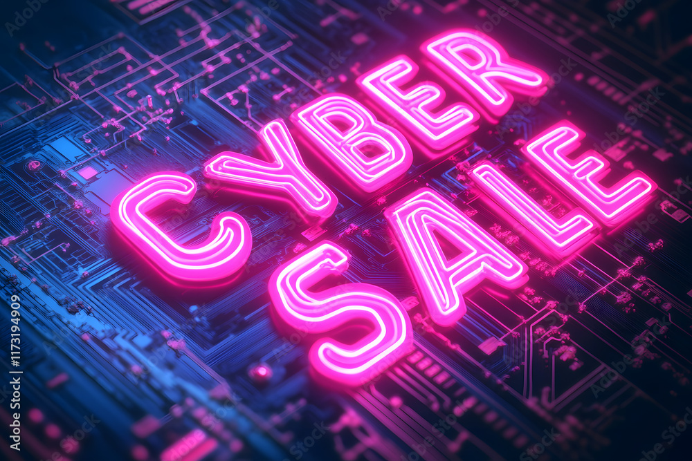 Cyber Friday Sale Neon Text with Futuristic Circuit Board Background Cyber Friday Sale Neon Text with Futuristic Circuit Board Background