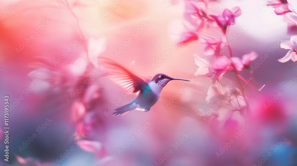 Naklejka premium A vibrant hummingbird flits among colorful flowers, creating a dreamy, ethereal atmosphere.