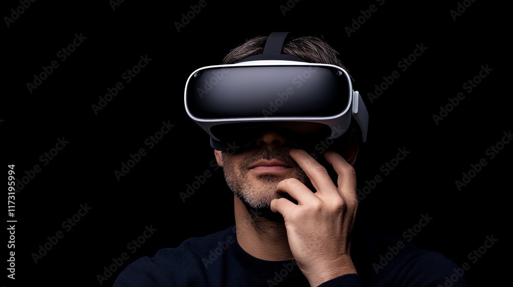 Into the Digital Realm: A man wearing a VR headset, lost in a world of possibilities, contemplates the future of technology. The image evokes curiosity, innovation. Into the Digital Realm: A man wearing a VR headset, lost in a world of possibilities, contemplates the future of technology. The image evokes curiosity, innovation.