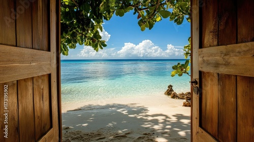 Wallpaper Mural White sandy beach and crystal-clear waters seen through an open wooden door, leading to a tropical paradise Torontodigital.ca