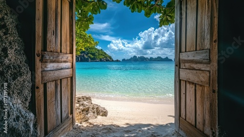 Wallpaper Mural White sandy beach and crystal-clear waters seen through an open wooden door, leading to a tropical paradise Torontodigital.ca