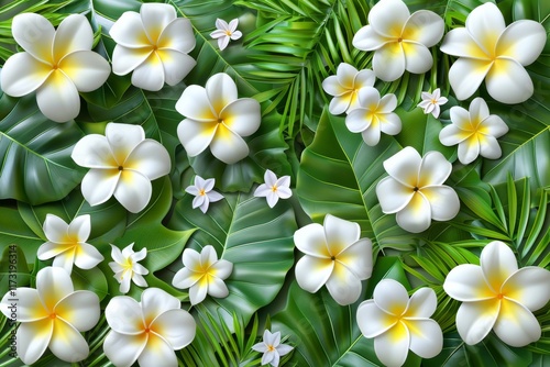 Colorful tropical flowers and lush green leaves create a vibrant natural composition perfect for decor and design inspiration