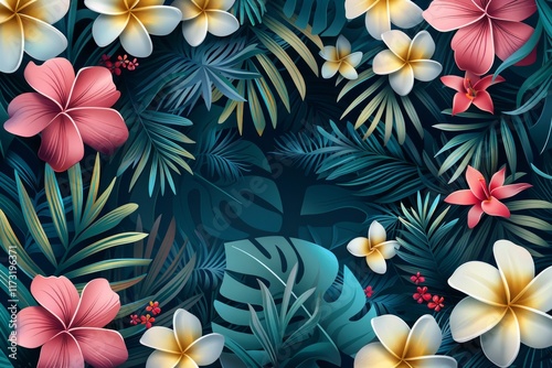 Vibrant tropical flowers and lush foliage create a serene garden atmosphere at dusk