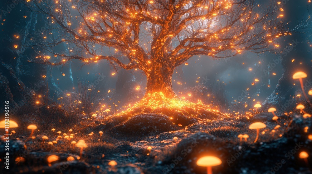 Glowing Tree In Enchanting Fantasy Forest