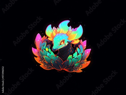 Neon Dragon in Floral Embrace: A vibrant digital art piece showcasing a radiant dragon nestled within a luminescent flower arrangement against a stark black background. photo