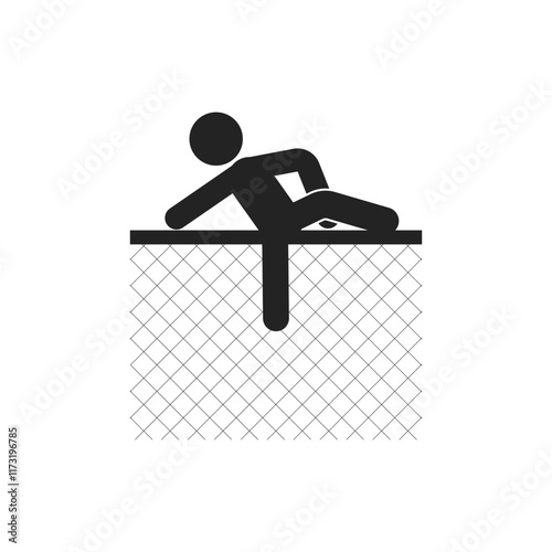Isolated pictogram shows a stick figure climbing a mesh wire fence, graphic element crime in progress, do not climb fence