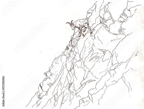 Outline of a mountain goat climbing a steep trail on a white background