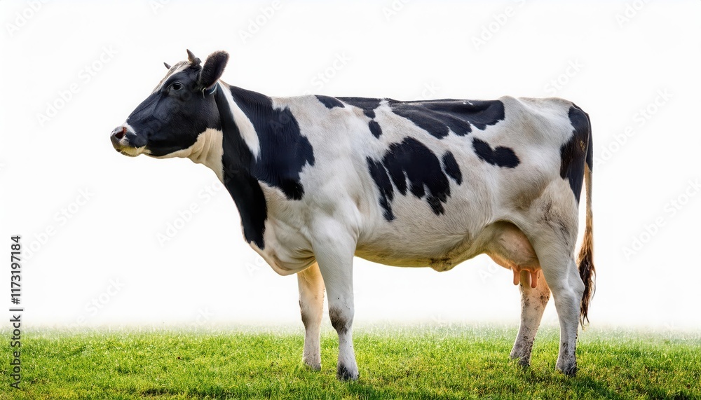 A black and white dairy cow standing in a grassy field.