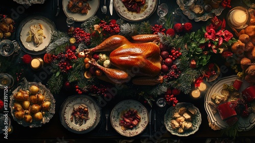 Wallpaper Mural A festive table set for a holiday meal featuring a roasted turkey. Torontodigital.ca