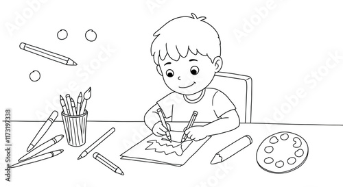 Cheerful Kids Engaged in Fun Activities Simple Line Art Coloring Pages for Children.
