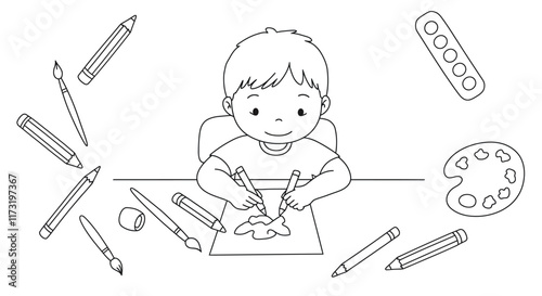 Cheerful Kids Engaged in Fun Activities Simple Line Art Coloring Pages for Children.
