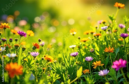 sunlit meadow filled with vibrant green grass and colorful flowers, outdoor setting in spring, sunlit meadow background photo