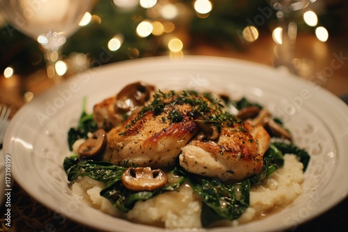 Gourmet herb chicken on creamy risotto photo