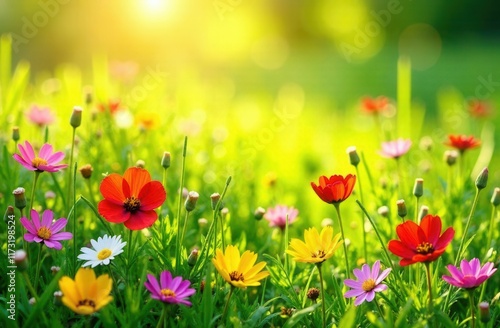 A vibrant field of colorful flowers growing lushly on a sunny day photo