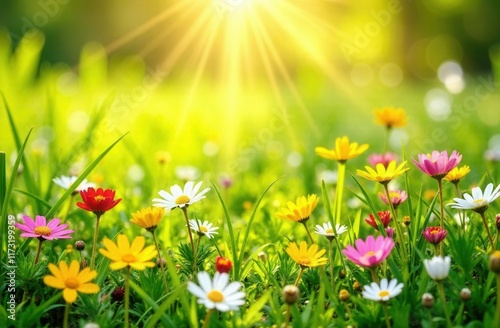 sunlit meadow filled with vibrant green grass and colorful flowers, outdoor setting in spring, sunlit meadow background photo