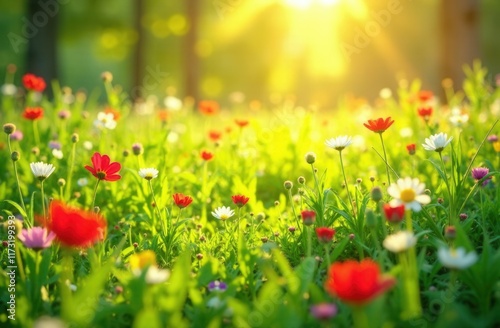 A vibrant field of colorful flowers growing lushly on a sunny day photo