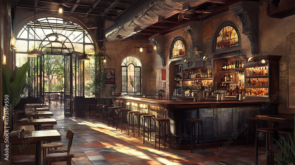 Fototapeta premium A warm, inviting bar interior with wooden furniture and natural light.
