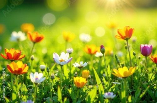 A vibrant field of colorful flowers growing lushly on a sunny day