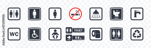 Toilet icons set, WC sign icon collection. Male and female restroom. gender icon. Man, woman, and No Smoking symbols. restroom pictogram. bathroom symbol, vector illustration