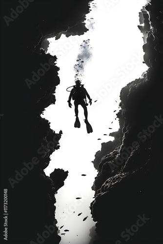 Silhouette of a diver exploring an underwater cave on a white background