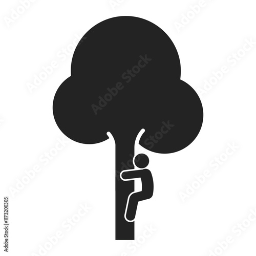 Safety sign pictogram illustrating a person climbing a tree, emphasizing caution and proper technique to prevent accidents and injuries