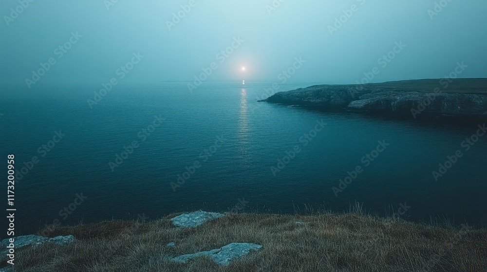 Serene coastal landscape at dawn, misty ocean, sun reflecting on water, rocky shoreline.