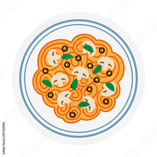 Colorful pasta dishes with various toppings. Flat Vector Illustration