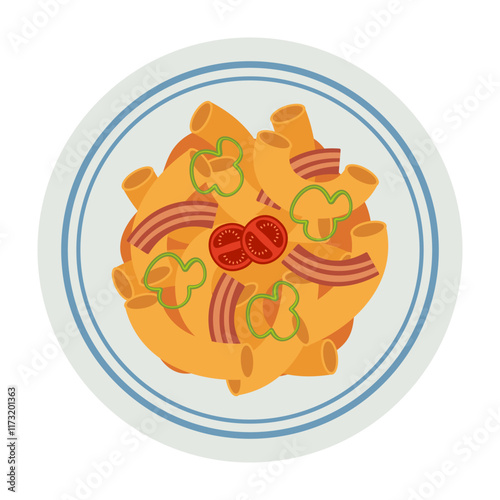 Colorful pasta dishes with various toppings. Flat Vector Illustration