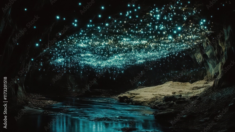 Glowing fireflies illuminate a dark cave with a stream. Glowing fireflies illuminate a dark cave with a stream.