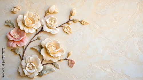Elegant embossed floral patterns with latte toned hues and soft shadows create serene and artistic wall decor design. delicate flowers and textured background evoke sense of sophistication