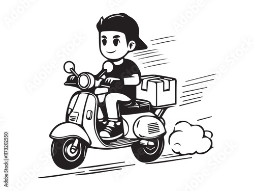 Delivery Man Ride Scooter Motorcycle Cartoon Vector black and white color