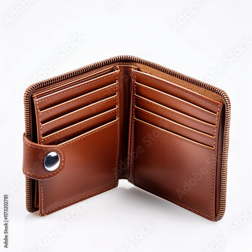 A brown leather wallet partially open with visible card slots photo