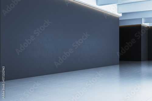 Fototapeta Naklejka Na Ścianę i Meble -  Minimalistic gallery interior with dark wall and clean flooring illuminated by modern lights. 3D Rendering