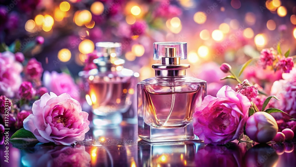 Double Exposure: Pink Flowers & Perfume Bottles, Bokeh Lights - Stock Photo Double Exposure: Pink Flowers & Perfume Bottles, Bokeh Lights - Stock Photo