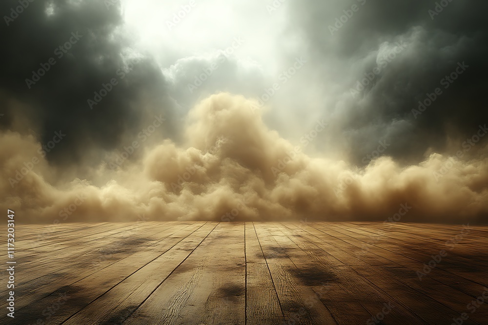 Dusty clouds over wooden floor.