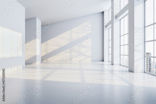 Spacious empty room with large windows and sunlight casting shadows on white walls and floor. 3D Rendering