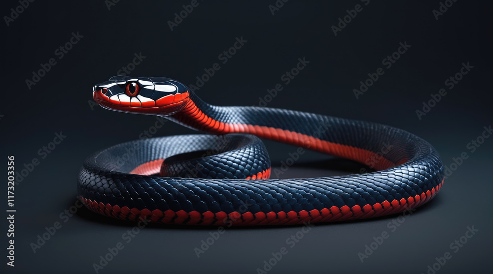 Fototapeta premium Striking black and red snake coiled gracefully on a dark background, illustrating its unique coloration and features